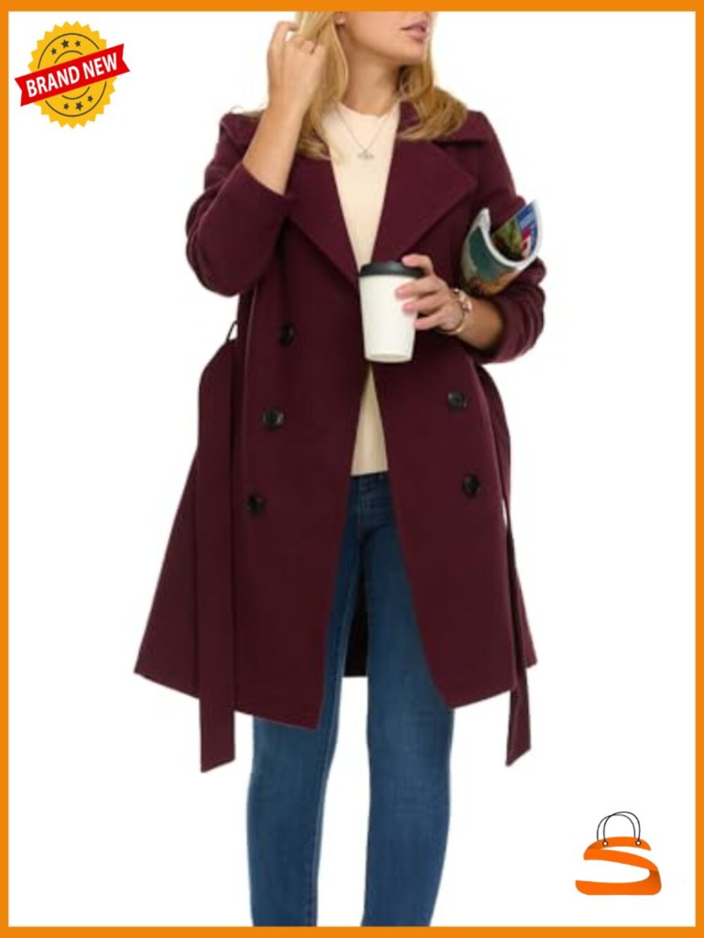 Double-Breasted Faux Wool Trench Coat Structured Fit - Picture 3 of 7